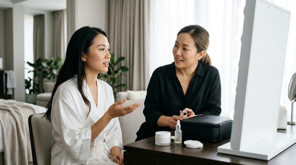 Ảnh minh họa AI: Trao đổi lịch facial và trang điểm trong kế hoạch chăm sóc da trước ngày cưới