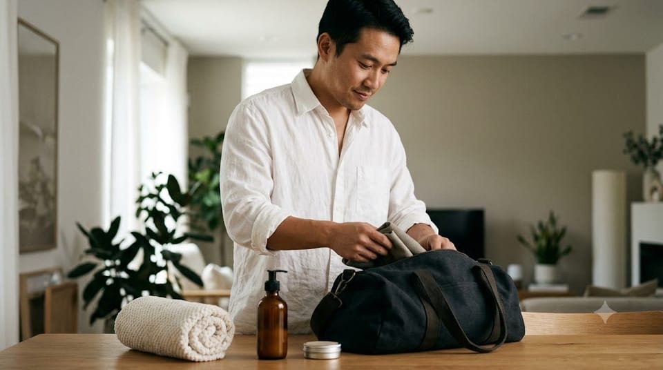 Ảnh minh họa AI: Chuẩn bị quần áo thoải mái và đồ chăm sóc trước buổi triệt lông nách nam